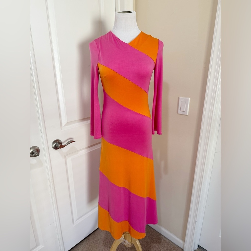 Karen Millen Asymmetrical Neck Long Sleeve Colorblock Pink Orange Maxi Dress 2